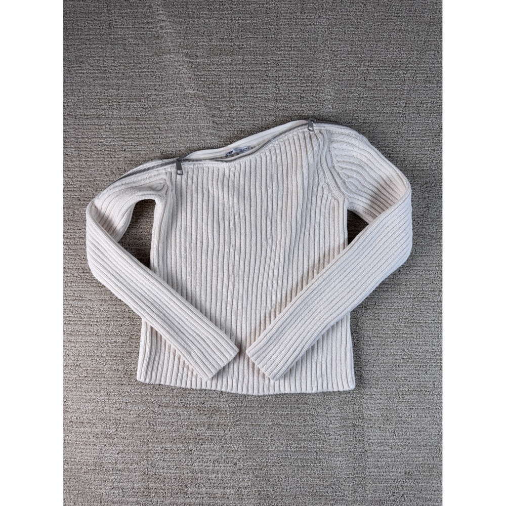 Zara Cream Ribbed Knit Asymmetrical Zipper Neck Long Sleeve Sweater Small